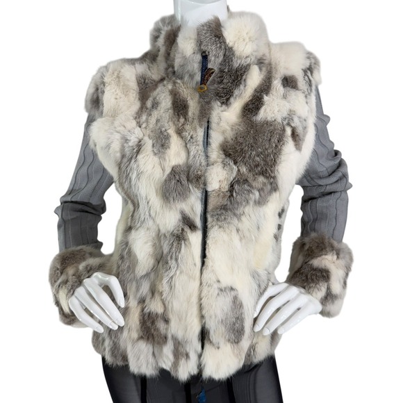 Essenza Y2K Real Lapin Fur Jacket Rabbit Fur Trim Zip Sweater Cardigan Size M - Picture 5 of 16